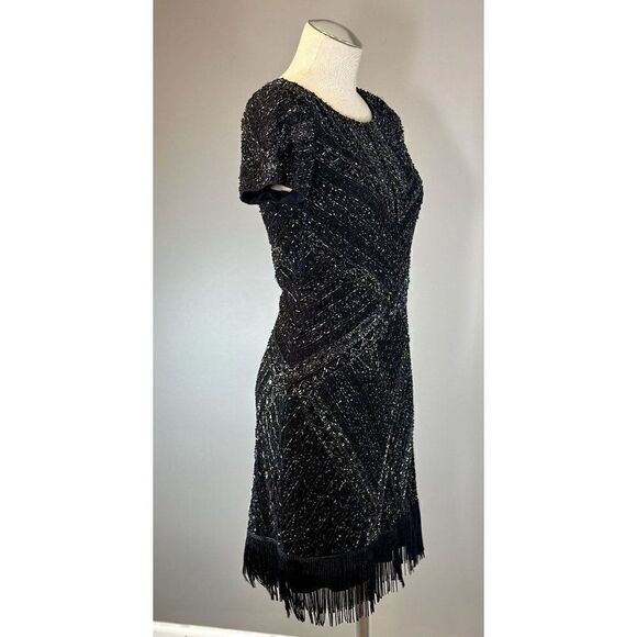 Aidan Mattox NWT Beaded Fringe Trim Cocktail Dress in Navy Size 10 - Picture 3 of 5